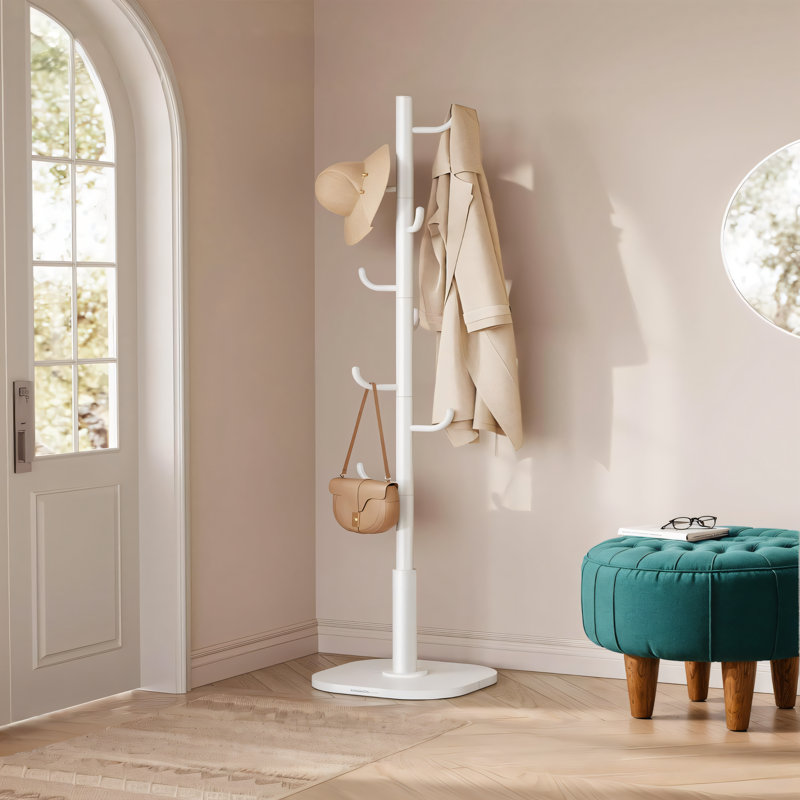 Cactus-shaped Coat Rack, Cloud White, Freestanding, Steel + Mdf, With 8 Sturdy Bend-end Hooks, 69.3 Inches High, Suitable For Hanging Clothes, Hats, And Bags.