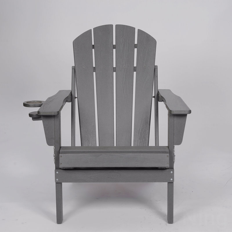 Outdoor Adirondack Chair, Foldable With Dual Cup Holder, Composite Material With Wood Texture, Gray