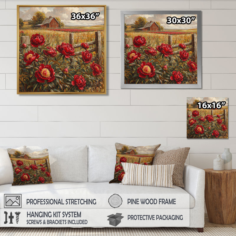Dahle, rétro pivoines rouges par The Barn II - pivoines, art mural, Reproduction encadrée d'une seule photo, Blanc