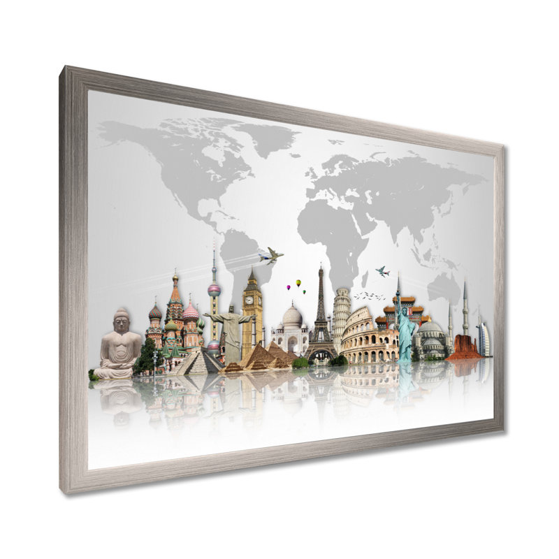 « Famous Monuments Across World », reproduction d'art graphique, H 12 po x l 20 po, Argent, Impression encadrée