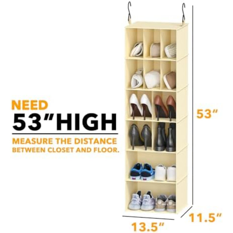 2 Pack Hanging Closet Organizer And Storage With Dividers, 24 Compartments Hanging Shoe Shelves For Closet, Wardrobe, RV, Garment Rack - Beige