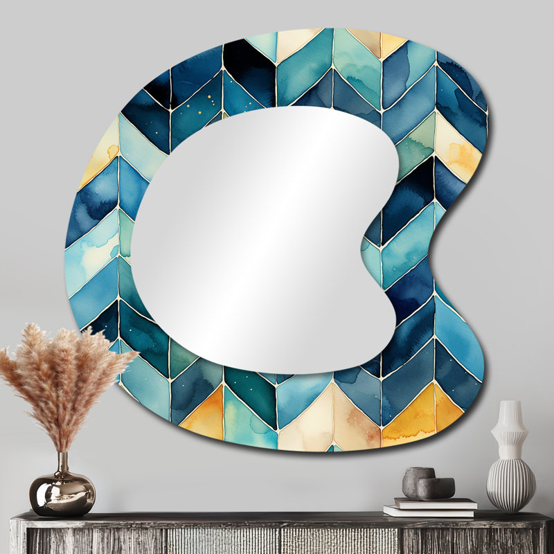 Watercolor Delight - Motif à chevrons bleu - Miroir mural moderne à formes asymétriques, 33 po x 33 po