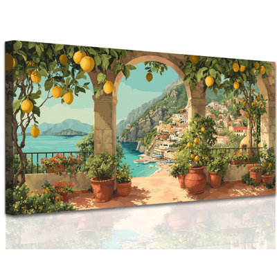  Lemon Pictures Wall Art Prints, Rustic Mediterranean Terrace Lemon Painting Decor, Serene Fruit Artwork Decor Vintage Kitchen Canvas Wall Art for Dining Room Living Space Home Office, 12x24 inches