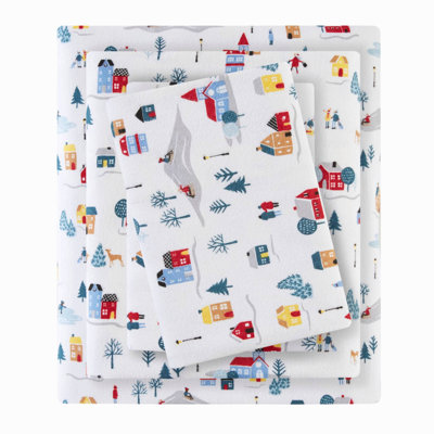 4 Piece Printed Sheet Set Village Print White King