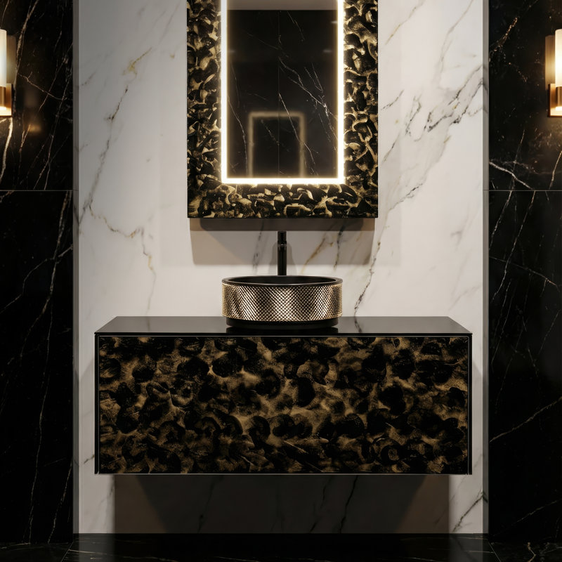 Meuble-lavabo mural de luxe en cristal Murano, Noir et or, 48"