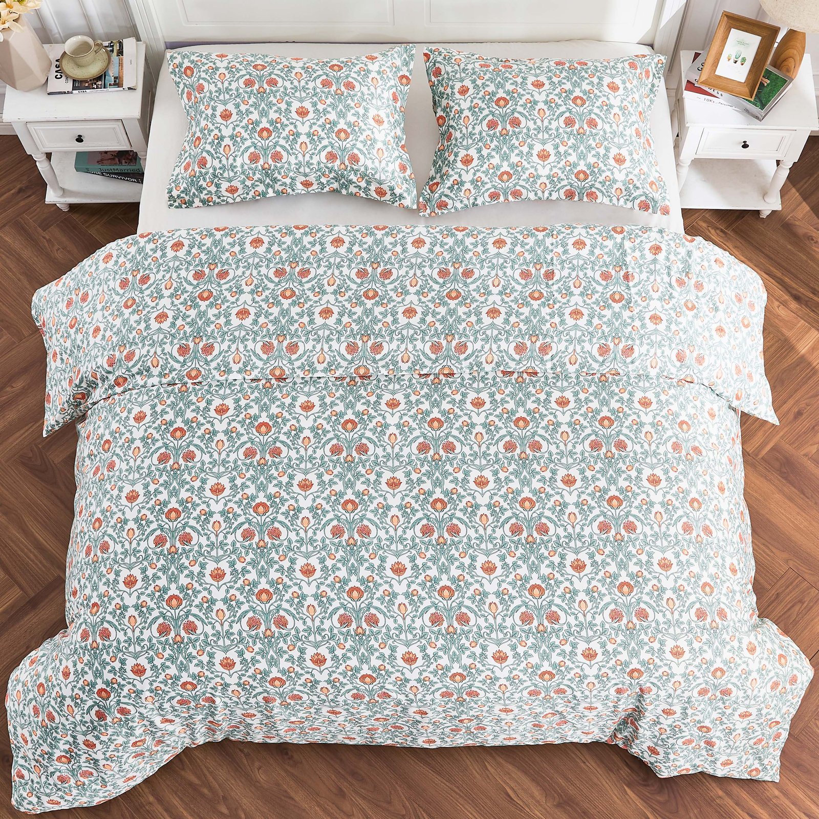 T400 ARTS & CRAFTS FLORAL DUVET SET, Twin Duvet Cover + 1 Standard Sham, Orange
