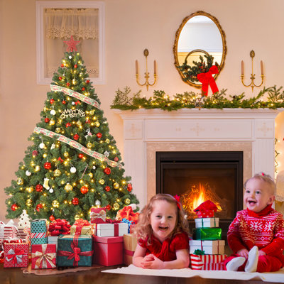 Sapin de Noël artificiel Fraser de 2,3 m (7,5 pi) de diamètre, pré-illuminé, 600 lumières DEL RVBW avec 9 modes et commande au pied, certifié UL, sac de rangement inclus pour les décorations de Noël