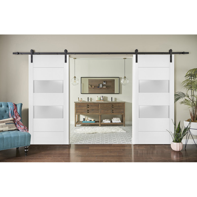 Sturdy Double Barn Door With 2 Lites | Lucia 4010 | 13FT Rail Hangers Heavy Set | Solid Panel Interior Doors-Black Rail