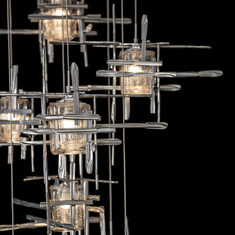 Tura 9-Light Glass Round Pendant, Seeded Clear, 30" - 130", Sterling