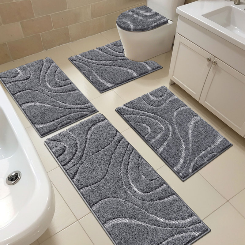 5 Piece Soft Absorbent Microfiber Bath Rug Set with Non-Slip Backing, Dark Gray/White
