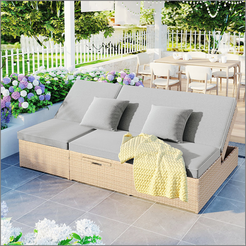 Lit de bronzage extérieur double, chaises de patio inclinables en rotin d'osier avec dossier et siège réglables, ensemble conversationnel pour 2 personnes, brun