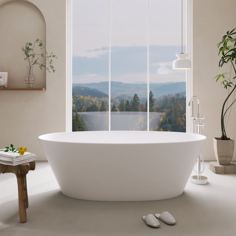 66.9-Inch Oval Freestanding Solid Surface Soaking Bathtub With Drain