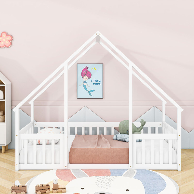 Wood House-Shaped Floor Bed With Guardrails, Twin, White