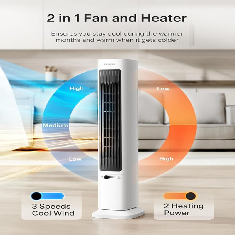 PELONIS Oscillating Tower Fan And Heater Combo With Remote Control - Heater Fan Combo For Indoor Use – 3 Fan And 2Heater Speeds, 12-HR Timer, ECO Mode, Tip Over And Overheat Protection, White
