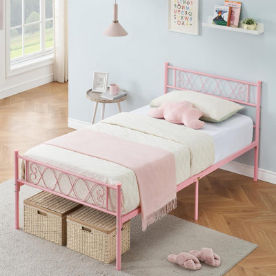 Metal Platform Bed with Sweet Heart Design Headboard & Footboard, Under Bed Storage, No Box Spring Needed, Boys & Girls Bedroom Furniture