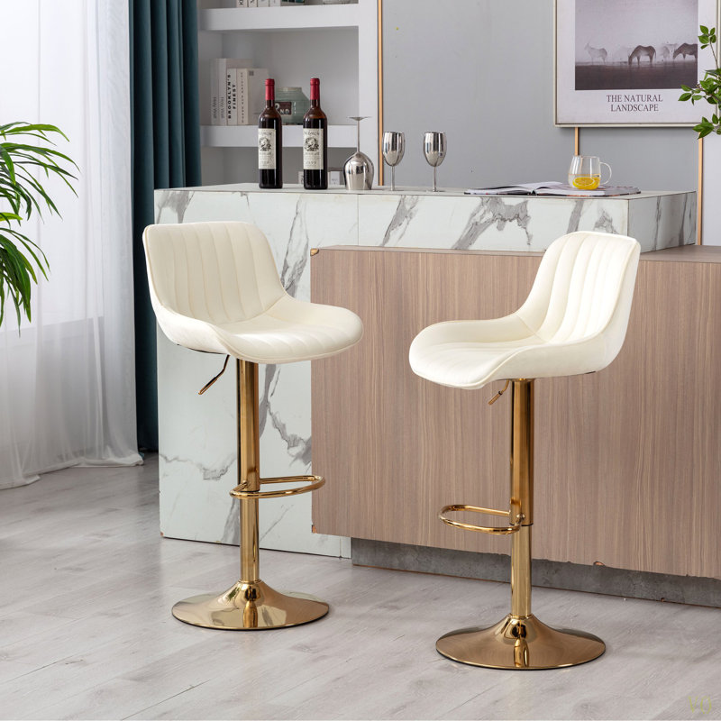 Tabouret de bar chromé à hauteur réglable en velours et repose-pieds chromé, ensemble de 2, Ivoire ivoire, Doré
