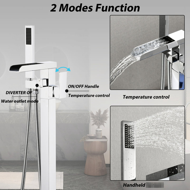 Robinet de baignoire à fixation au sol avec effet de douche à main corrosif et douchette, Acier Inoxydable