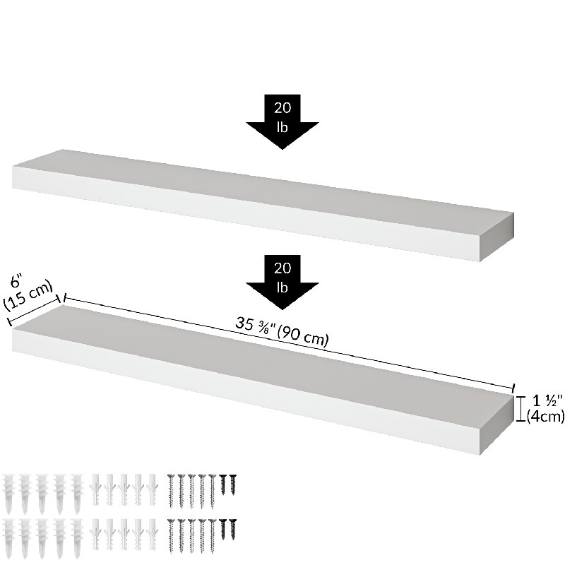 Sydney 36" W x 6" D Floating Shelves Set with Invisible Wall Mount Brackets, White