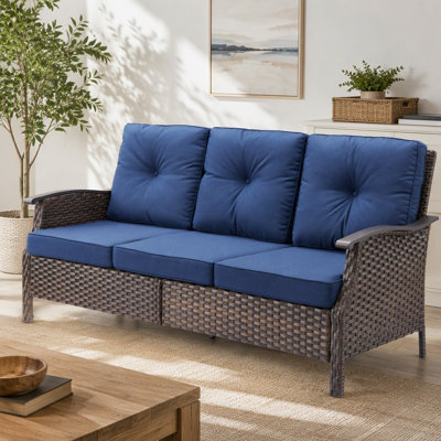 73.4" Wide Outdoor Wicker Sofa, Patio Outdoor Couch With Blue Cushions For Porch Garden