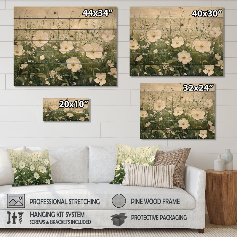 Fleurs blanches blanches au printemps Bloom II - Décoration murale en bois fleurs sauvages - sur bois de pin naturel