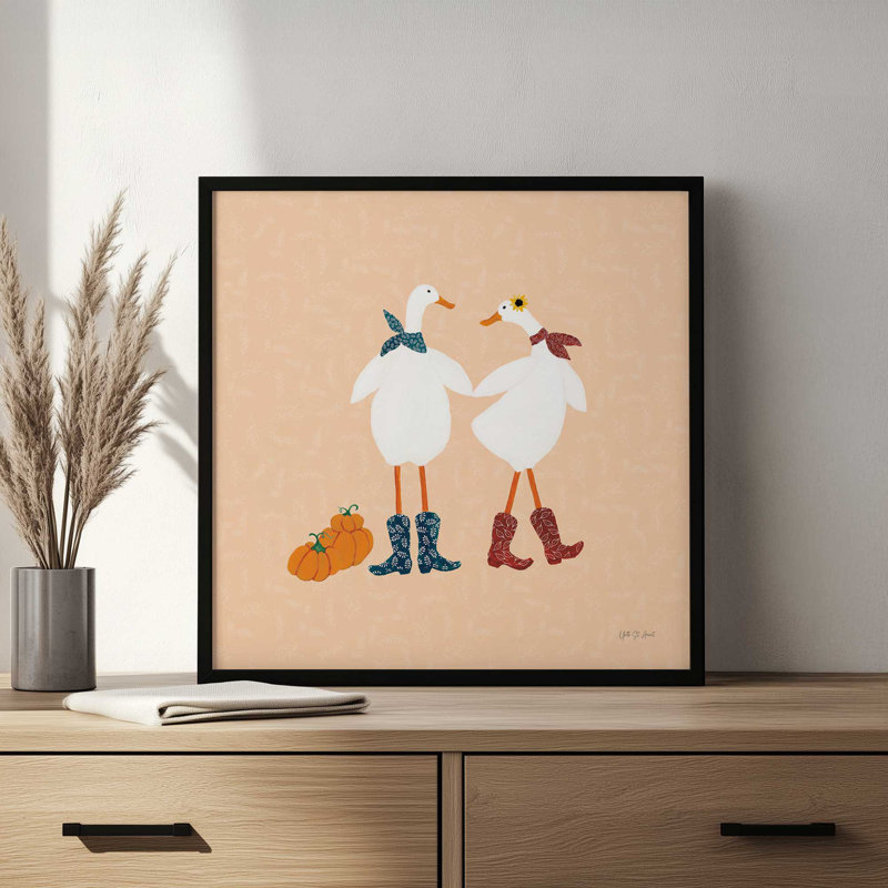 « Canards dans le champ de citrouilles II » d'Yvette St. Amant – Reproduction, H 12 po x l 12 po, Blanc