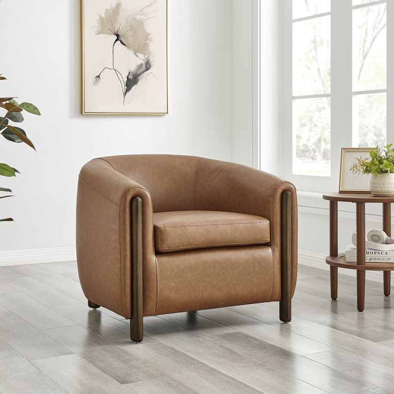 Leamon Fire-Resistant Upholstered Barrel Chair, Vintage Cider Faux Leather, 27.5" H x 33" W x 30.5" D