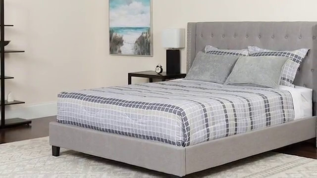Light Gray Twin Upholstered Platform Bed with Tufted Headboard and Nailhead Trim