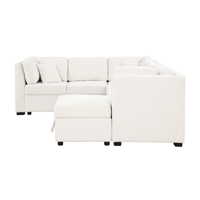 Lit en U avec lit, méridienne de rangement et lit modulaire en tissu beige 108,6 po et prises de courant, Chenille beige
