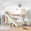 Lit mezzanine double pour enfant avec tablettes de rangement, garde-robe et glissade amovible, lin en bois massif beige