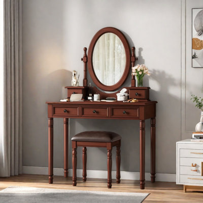 Bureau de coiffeuse avec miroir à angle réglable, tabouret rembourré et 5 tiroirs