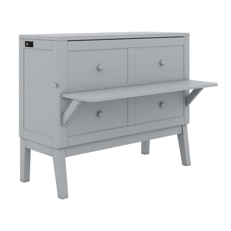 Grand lit escamotable gris avec ports USB et tablettes, lit mural en bois peu encombrant pour chambre d'amis, Gris, Grand
