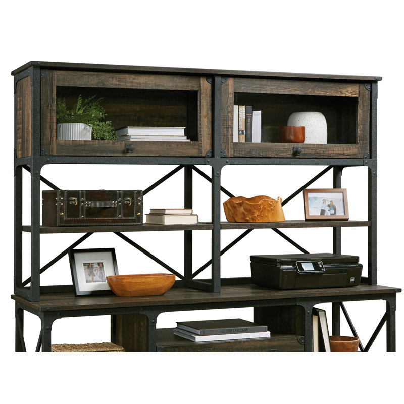 Finition brune pour le bureau, design industriel, matériau en bois d'ingénierie, 3 tablettes horizontales avec fonction réglable, portes en verre trempé encadrées, option de rangement à dos ouvert