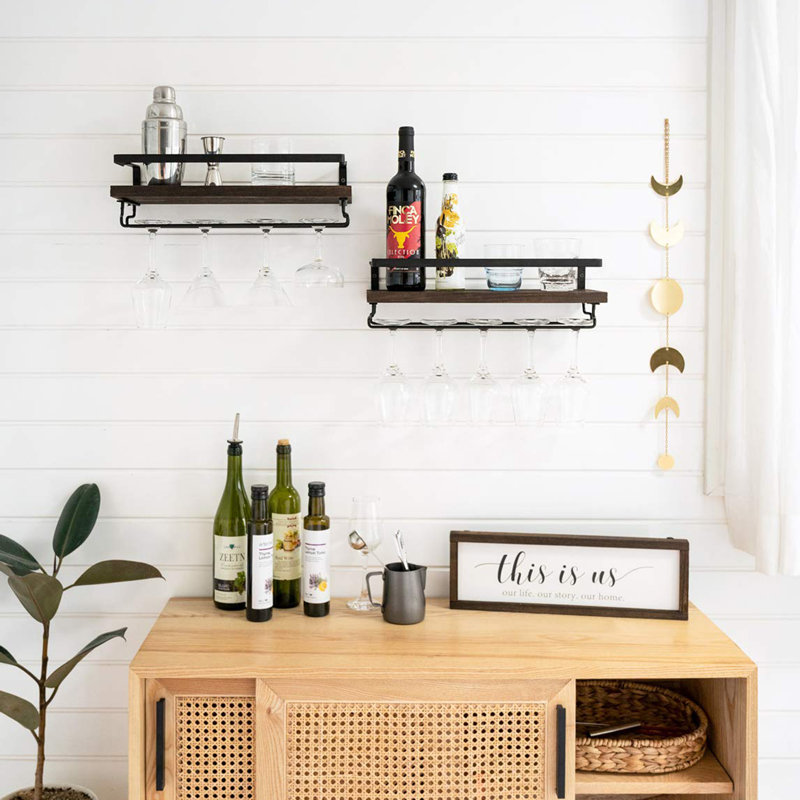 Dory 2 Bottle Wall Mounted Wine Bottle & Glass Rack, Brown/Black