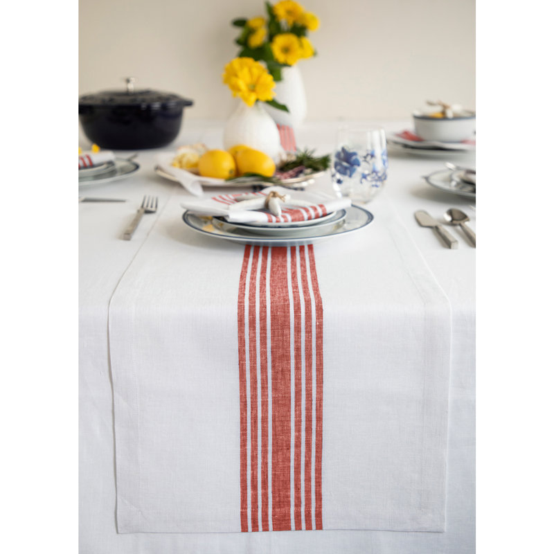 Farmhouse - 100% Pure Linen Table Runner, 90" x 14", Red/White