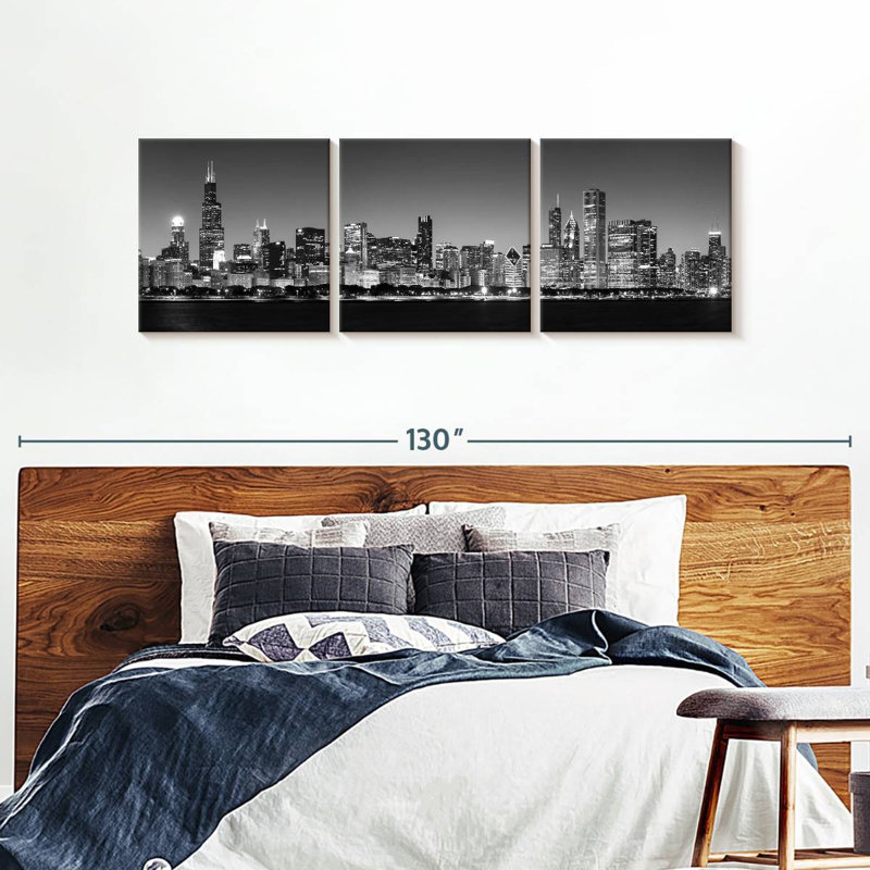 Noir Chicago Skyline, 3 pièces, H 30 po x l 92 po x P 1,25 po