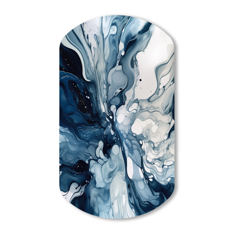 Cinque - art abstrait cylindrique en métal, impression asymétrique bleue sur métal, H 43 po x l 23 po