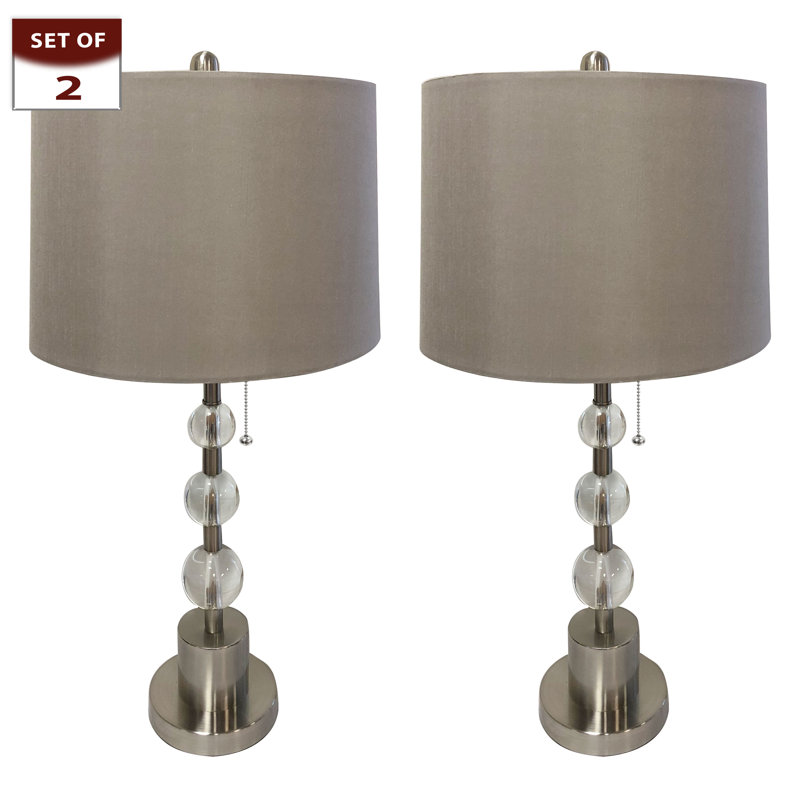 Ensemble de lampe de table à colonne de cristal Rima, Nickel brossé, H 26 po x l 14 po x P 14 po, gris