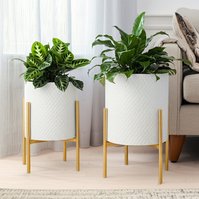Aideen Metal Planter Pot Set for Indoor & Outdoor Use - Set of 2, Diamond White