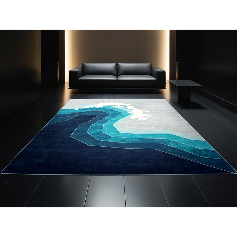 Tapis géométrique bleu et moderne lavable à la machine Roslindale, 5 x 8