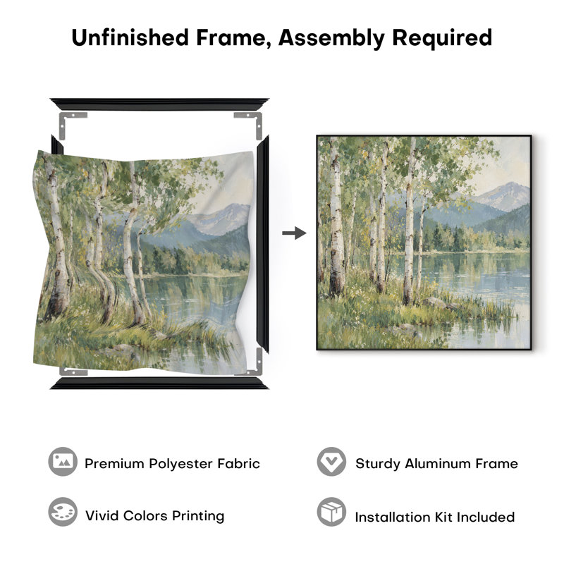 Impression sur tissu grand format - Bouleaux verts au bord d'un lac de montagne paisible pour salon ou chambre - « Assemblage du cadre requis (cadre inachevé) »