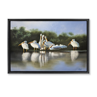 «White Pelicans Flock», toile encadrée dorée par D. Rust