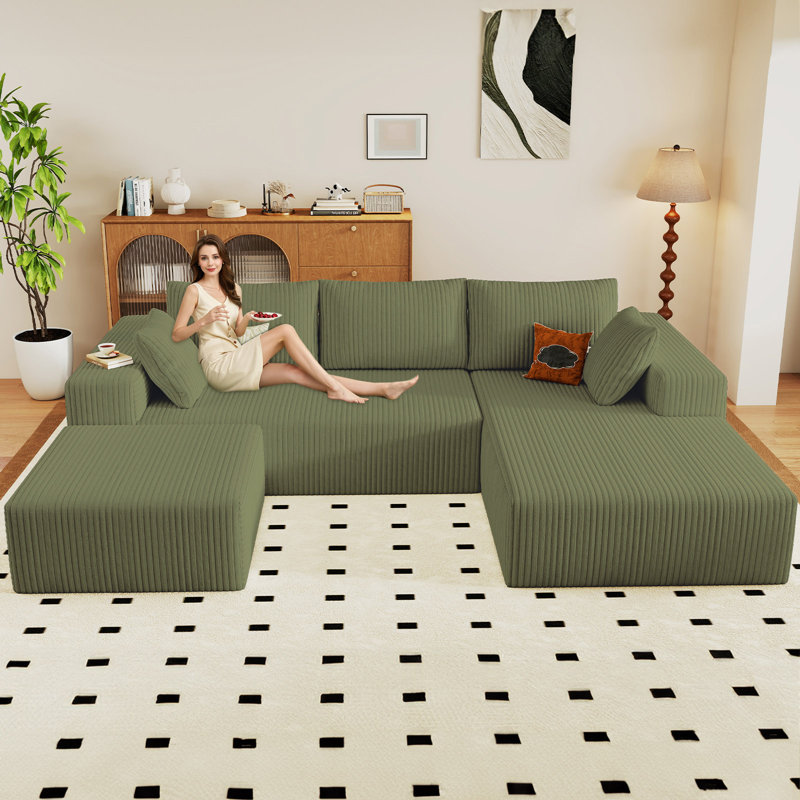 Canapé modulaire Boneless 96 po Cloud Couch, Orienté à droite, Velours côtelé vert