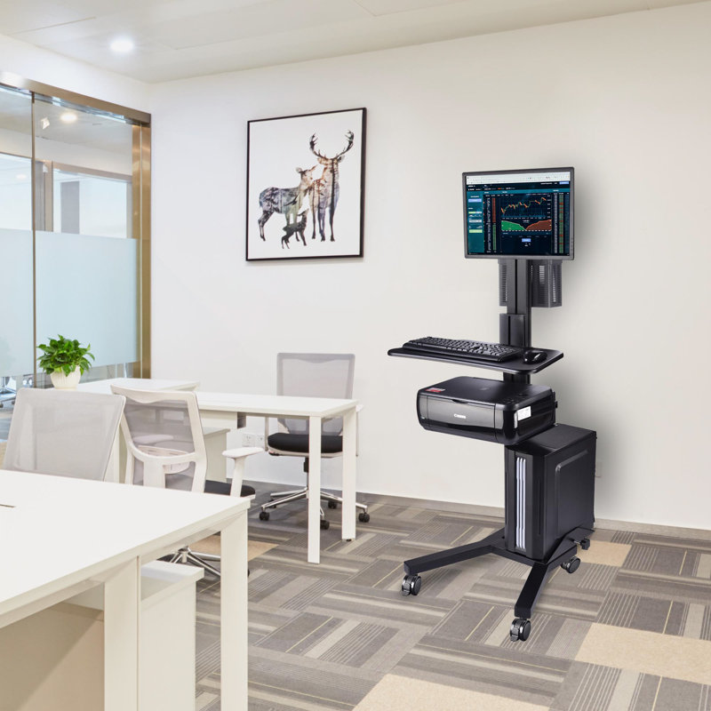 Rolling Mobile Computer PC Workstation Height Adjustable Laptop Cart Single Mount, Black