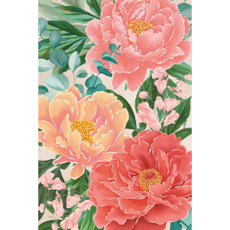 Corail pivoines - reproduction sur toile tendue, H 36 po x l 24 po