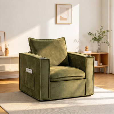 Fauteuil d'appoint pivotant de 32 pouces de large avec porte-gobelets, canapé confortable avec poches latérales, fauteuil de canapé moderne pour le salon, la chambre à coucher, le coin, vert