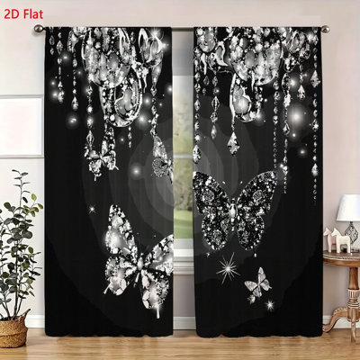 2 Piece Window Curtain Set Elegant Silver Glitter Butterfly And Sparkling Crystal Chandelier Pattern Modern Artistic Home Decor Drape Panels For Living Room Bedroom Window Treatment