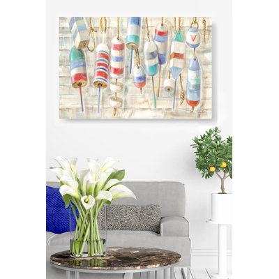 Hanging Bouys, Boat Bouys, Boat Bumpers, Nautical, Fishing, Colorful, On Wood Panel, Red, Blue, Green, Tan, Cream, Ropes, Teal