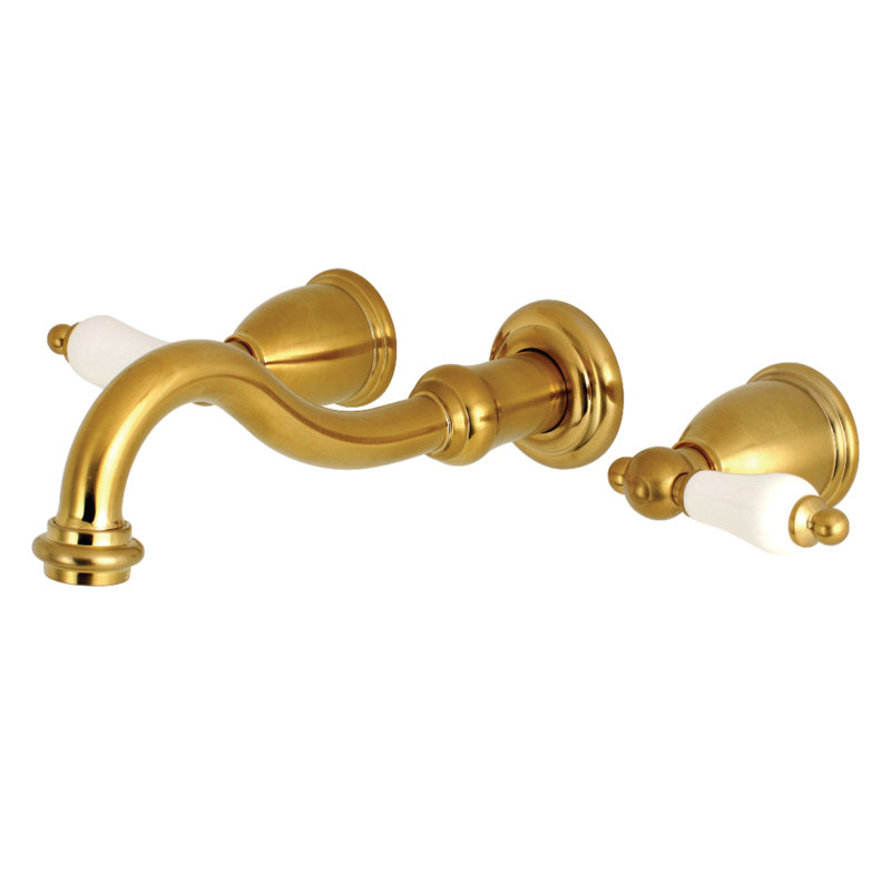 Kingston Brass Vintage Two-Handle 3-Hole Wall Mount Bathroom Faucet, Satin Brass/White