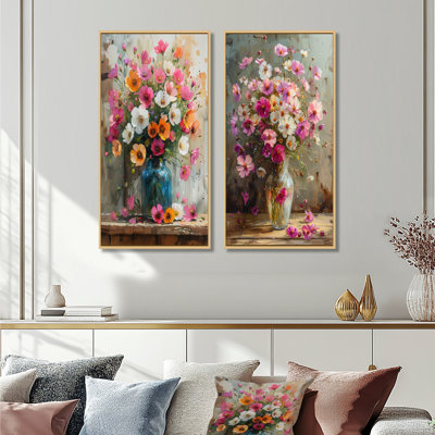 Rose et blanc bouquet d'or dans un vase I - ensemble d'art mural 2 boutons d'or
