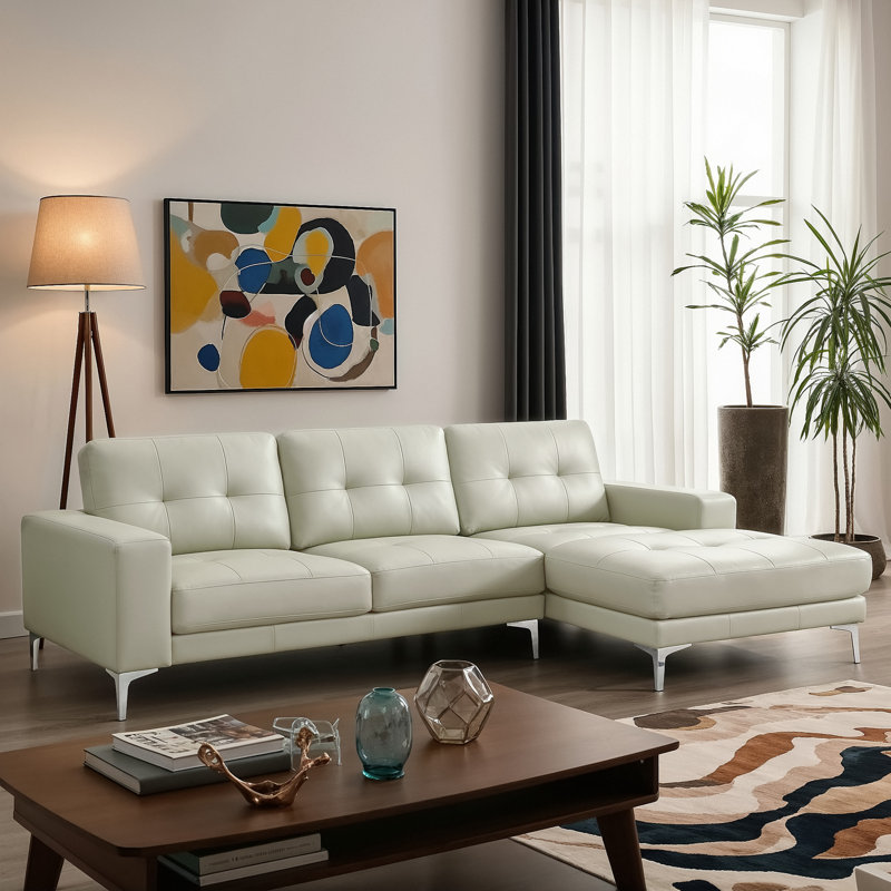 Coamhan 104" Genuine Leather Square Arm Sectional Sofa with Right Chaise, Beige Genuine Leather, Right-Hand Facing